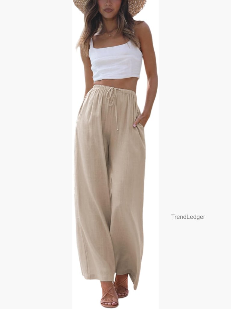 Cotton Linen Palazzo Pants With Pockets, Wide Leg Flowy Trousers